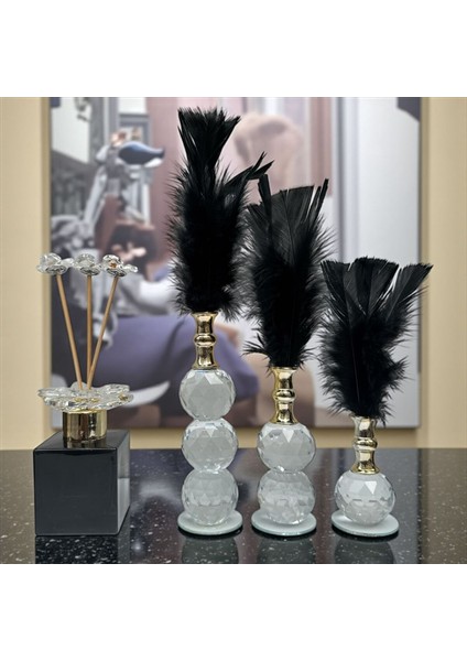 Dekoratif Kristal 7 Parça Üçlü Tüy-Koku Şişesi Siyah-Gold indirimleri