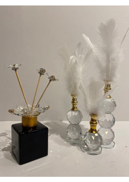 Dekoratif Kristal Cam Üçlü Tüy Beyaz-Gold modelleri