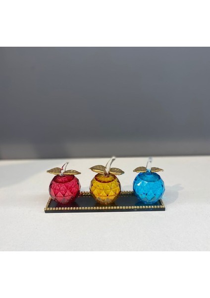 Dekoratif Kristal Tabak Üçlü Elma Renkli