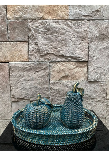 Dekoratif Polyester Üçlü Elma-Armut-Tepsi Set Koyu Yeşil Gold Eskitme