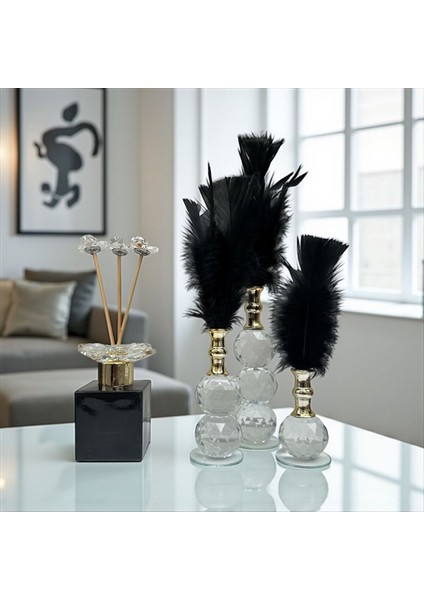 Dekoratif Kristal 7 Parça Üçlü Tüy-Koku Şişesi Siyah-Gold