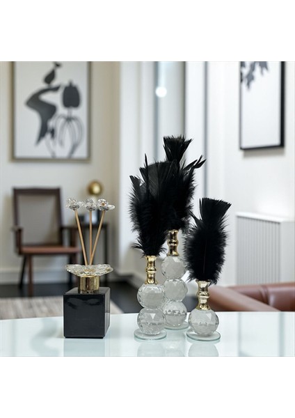 Dekoratif Kristal 7 Parça Üçlü Tüy-Koku Şişesi Siyah-Gold