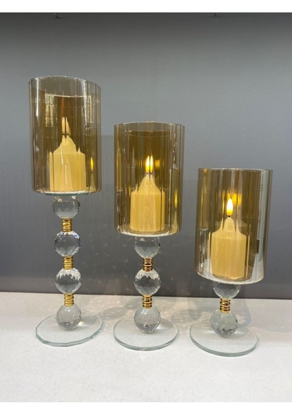 Dekoratif Kristal Cam Üçlü Boru Şamdan Gold