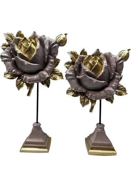 Dekoratif Polyester Ikili Dik Gül Çiçek Vizon Gold Eskitme