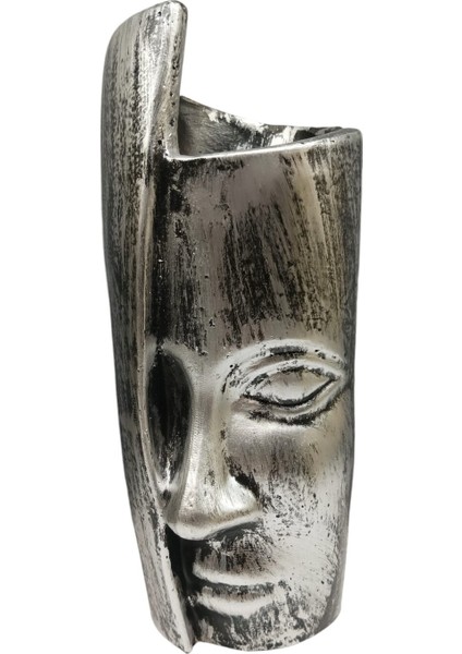 Dekoratif Polyester Tekli Kadın Yüzlü Saksı Vazo Gümüş Siyah Eskitme