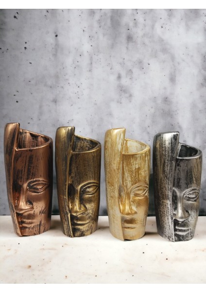 Dekoratif Polyester Tekli Kadın Yüzlü Saksı Vazo Gümüş Siyah Eskitme