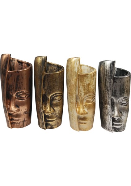 Dekoratif Polyester Tekli Kadın Yüzlü Saksı Vazo Gümüş Siyah Eskitme