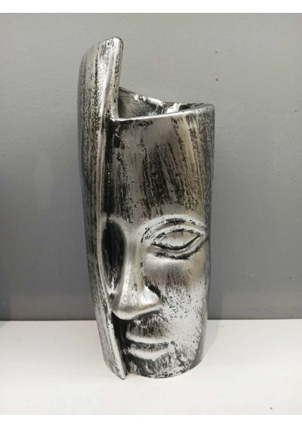 Dekoratif Polyester Tekli Kadın Yüzlü Saksı Vazo Gümüş Siyah Eskitme
