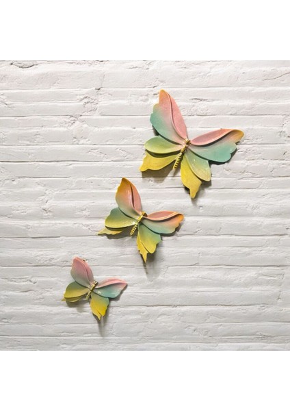 Dekoratif Polyester Duvara Asmalı Üçlü Kelebek Sarı Yeşil