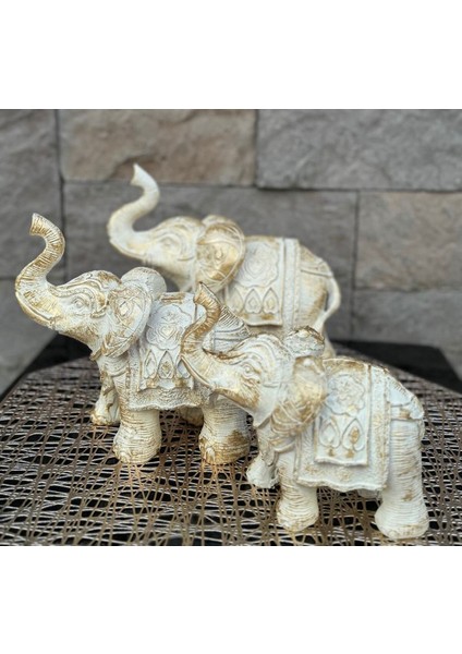 Dekoratif Polyester Üçlü Fil Biblo Krem Eskitme