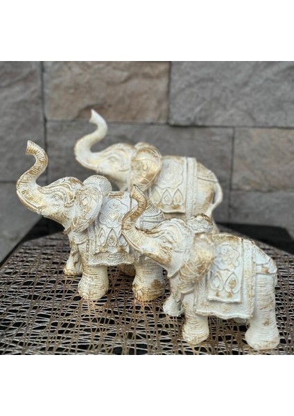 Dekoratif Polyester Üçlü Fil Biblo Krem Eskitme modelleri