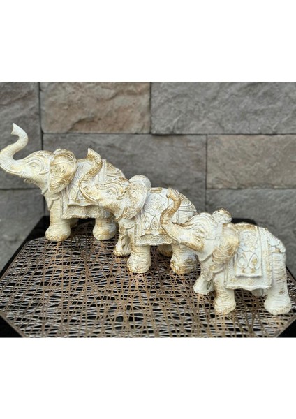 Dekoratif Polyester Üçlü Fil Biblo Krem Eskitme indirimleri