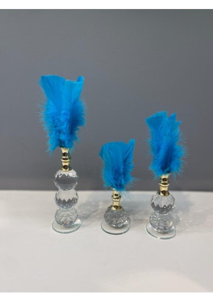 Dekoratif Kristal Cam Üçlü Tüy Deniz Mavisi -Gold