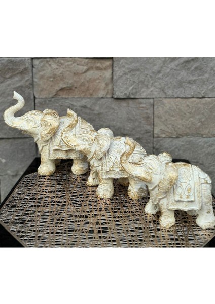 Dekoratif Polyester Üçlü Fil Biblo Krem Eskitme