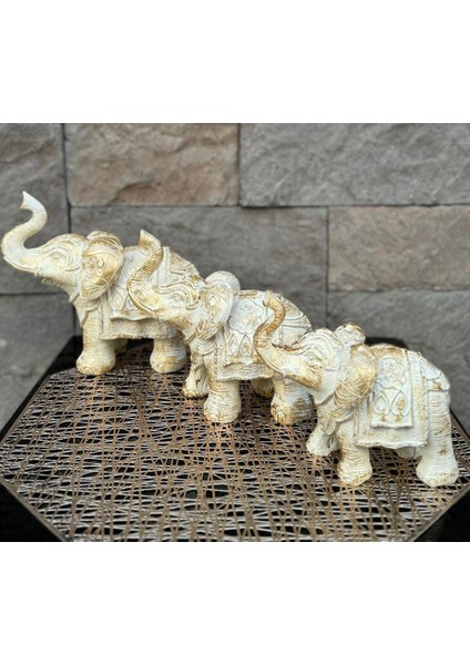 Dekoratif Polyester Üçlü Fil Biblo Krem Eskitme