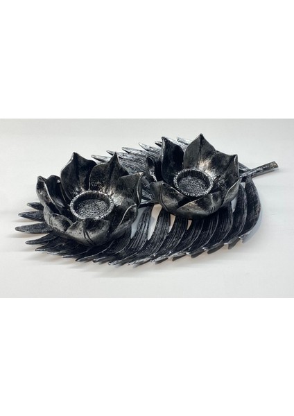 Dekoratif Polyester Ikili Çınar Yaprak Mumluk Gümüş Siyah Eskitme