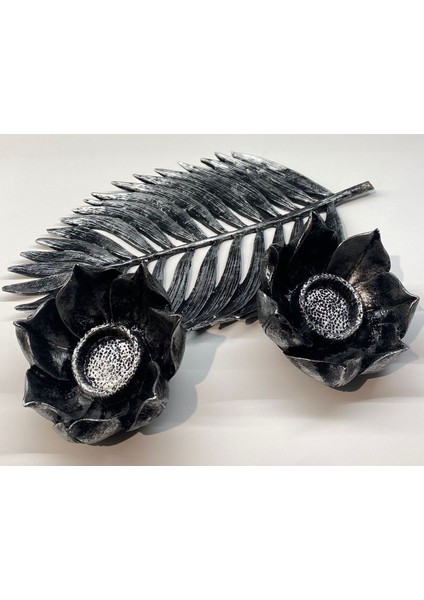Dekoratif Polyester Ikili Çınar Yaprak Mumluk Gümüş Siyah Eskitme fırsatları