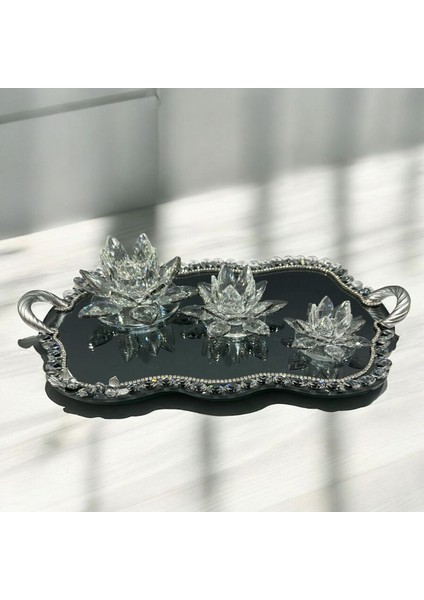Dekoratif Kristal Cam Dörtlü Bulut Tepsi Lotus Mumluk Seti Gümüş fiyatları