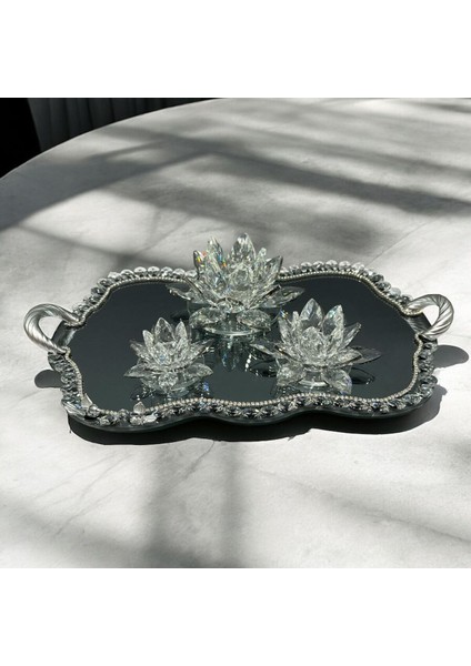 Dekoratif Kristal Cam Dörtlü Bulut Tepsi Lotus Mumluk Seti Gümüş modelleri