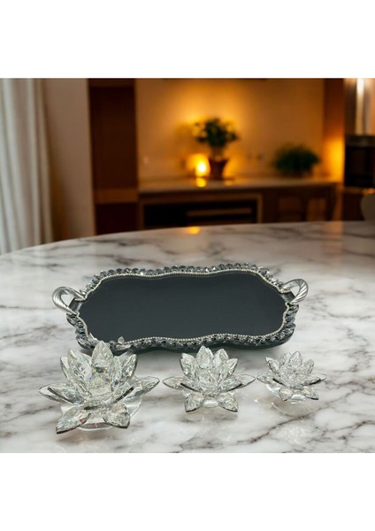 Dekoratif Kristal Cam Dörtlü Bulut Tepsi Lotus Mumluk Seti Gümüş indirimleri