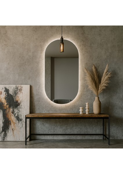 Oval LED Ayna – Japandi Tarzı Yumuşak Işıklı Duvar Aynası