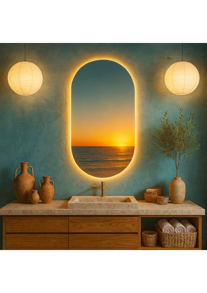 Oval LED Ayna – Japandi Tarzı Yumuşak Işıklı Duvar Aynası