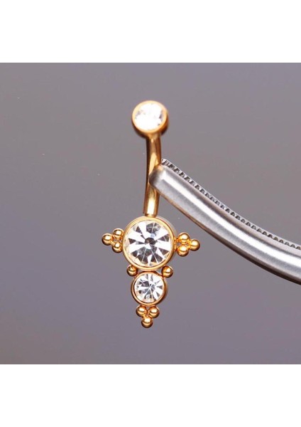 Üç Taş Gold Renk Ultraliğht 10 mm Titanyum Göbek Piercingi