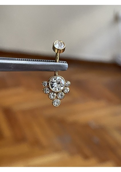 316 L Cerrahi Çelik Gümüş Rengi Yuvarlak Zirkon Taşlı Model Göbek Piercingi