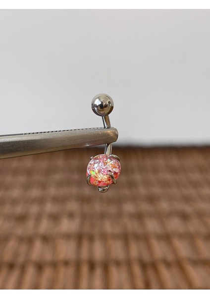 316 L Cerrahi Çelik Anti Alerjik 10 mm Pembe Opal Taşlı Göbek Piercingi