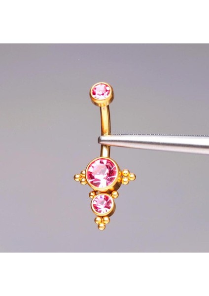 Üç Taş Pembe Renk Ultraliğht 10 mm Titanyum Göbek Piercingi