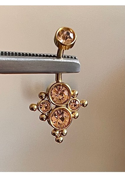 316 L Cerrahi Çelik Bal Rengi Yuvarlak Zirkon Taşlı Model Göbek Piercingi