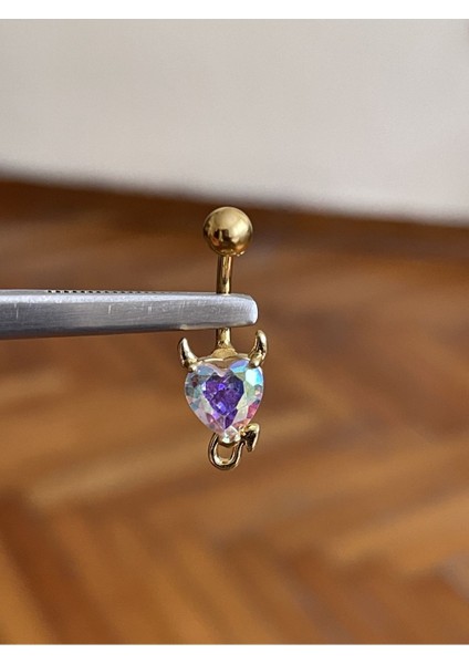 316 L Cerrahi Çelik Gold Şeytan Kalpli Mor Taşlı Göbek Piercingi