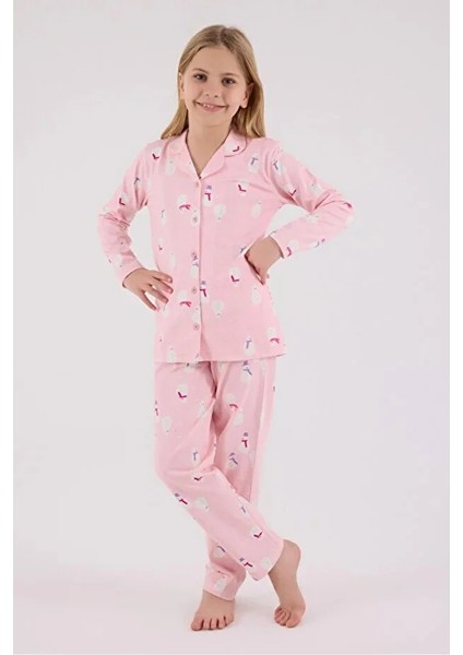 Uzun Kol Önden Düğmeli Kız Çocuk Pijama Takım 3713