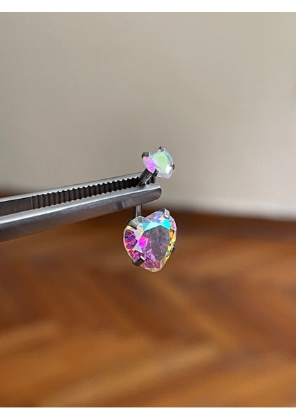 316 L Cerrahi Çelik Kalp Detaylı Göbek Piercingi Baget Taşlı Kalp