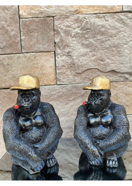 Dekoratif Polyester Ikili Oturan Goril Hediyelik Biblo Siyah Gold