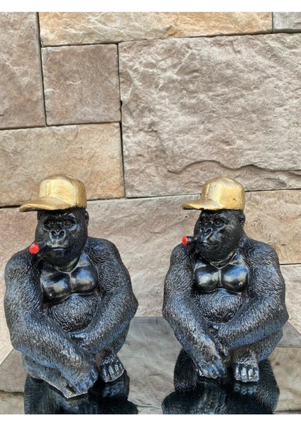 Dekoratif Polyester Ikili Oturan Goril Hediyelik Biblo Siyah Gold fiyatları
