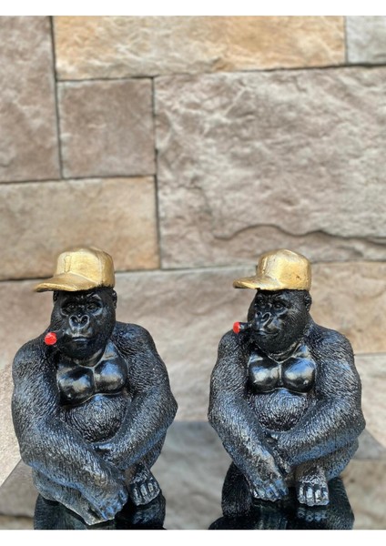 Dekoratif Polyester Ikili Oturan Goril Hediyelik Biblo Siyah Gold modelleri