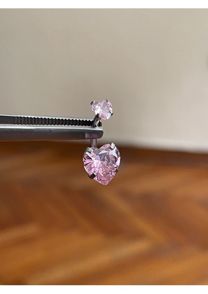 316 L Cerrahi Çelik Kalp Detaylı Göbek Piercingi Baget Taşlı Kalp