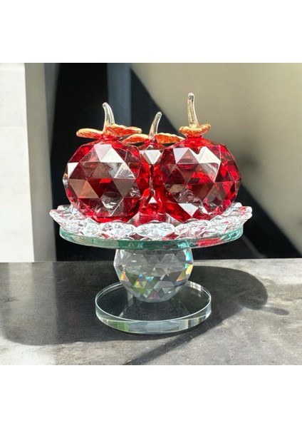 Dekoratif Kristal Cam Ayaklı Üçlü Elma Kırmızı