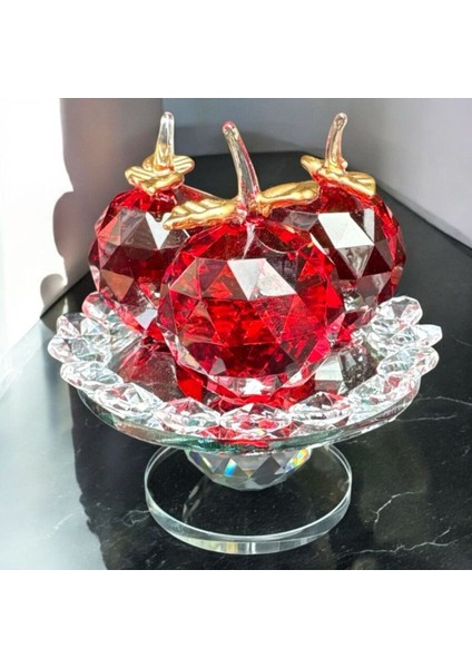Dekoratif Kristal Cam Ayaklı Üçlü Elma Kırmızı
