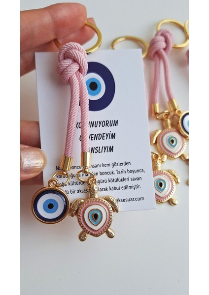 Hediyelik Şeker Pembe Kaplumbağa Detaylı Nazar Boncuklu Anahtarlık