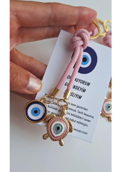 Hediyelik Şeker Pembe Kaplumbağa Detaylı Nazar Boncuklu Anahtarlık modelleri