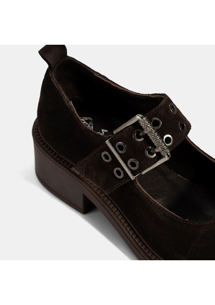 Kadın Kahve Ayarlanabilir Metal Tokalı Mary Jane Süet Ayakkabı