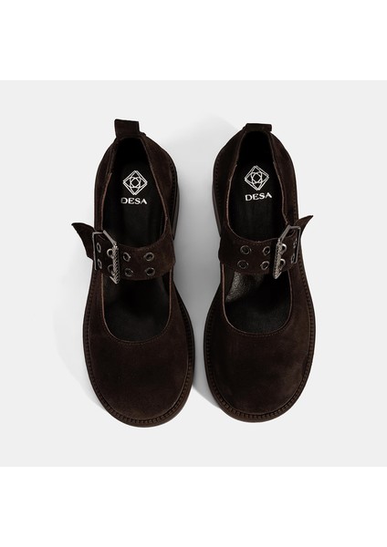 Kadın Kahve Ayarlanabilir Metal Tokalı Mary Jane Süet Ayakkabı