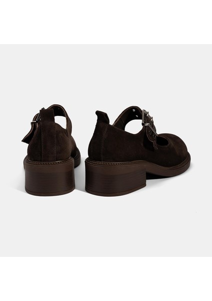 Kadın Kahve Ayarlanabilir Metal Tokalı Mary Jane Süet Ayakkabı