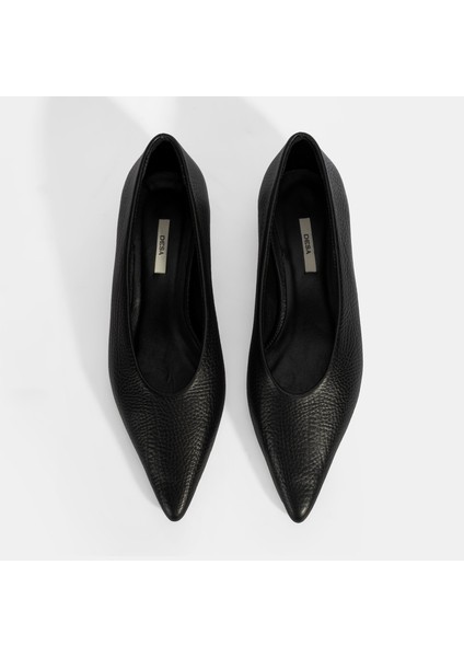 Kadın Siyah Ince Kısa Topuklu Deri Ayakkabı