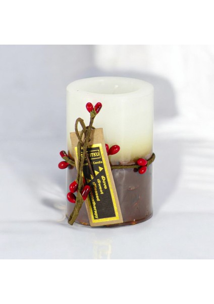 Çift Renkli Dekoratif Silindir Mum, 7,5 cm Yükseklik, 5 cm Çap, Kırmızı Meyveli Süsleme