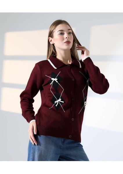 Baklava Desen Polo Yaka Kadın Kazak