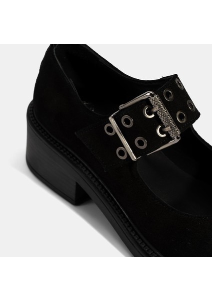 Kadın Siyah Ayarlanabilir Metal Tokalı Mary Jane Süet Ayakkabı