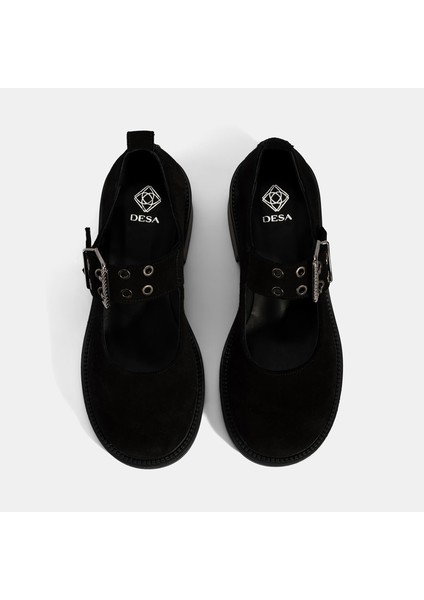 Kadın Siyah Ayarlanabilir Metal Tokalı Mary Jane Süet Ayakkabı